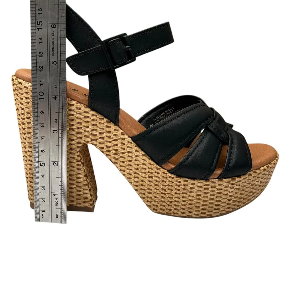 KORKS Dee Womens Wedge‎ Platform Sandal Size 8 Black/Tan Faux-leather Block Heel